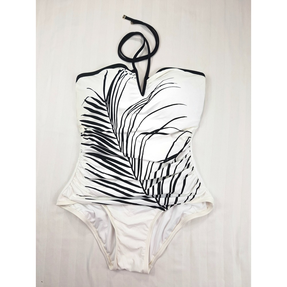 Calvin Klein Womens White Black Palm Leaf‎ Ruched Halter One Piece Swimsuit 12
